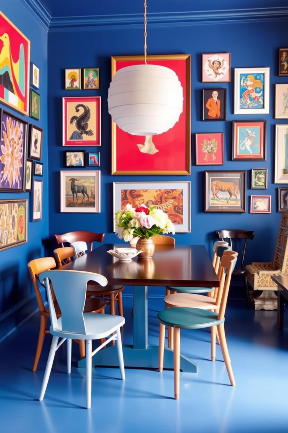 An eclectic blue dining room filled with vibrant art pieces adorning the walls. The dining table features a mix of mismatched chairs, creating a playful yet harmonious atmosphere.