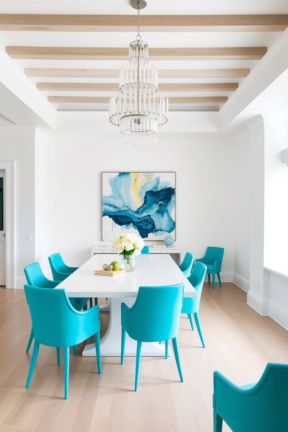 Bright turquoise chairs are arranged around a sleek white dining table in a spacious dining room. The walls are painted a crisp white, enhancing the vibrant color of the chairs and creating a fresh, inviting atmosphere. A statement chandelier hangs above the table, adding an elegant touch to the space. Complementary decor elements include a large abstract painting that incorporates shades of blue and gold, tying the room together beautifully.