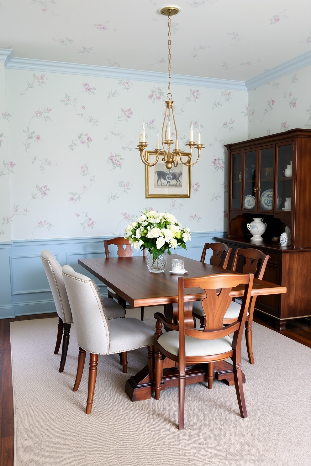 A serene dining room featuring a sky blue ceiling adorned with stylish pendant lights that create a warm ambiance. The walls are painted in a crisp white, complementing the elegant blue dining table surrounded by plush upholstered chairs.