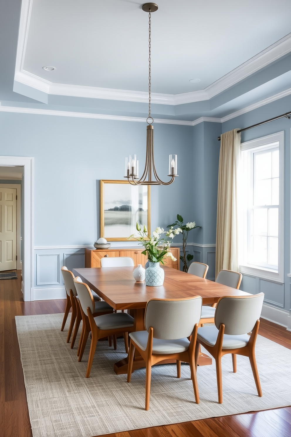 A serene dining room featuring light denim blue walls that create a calming atmosphere. The room is complemented by natural wood furniture, including a large rectangular dining table surrounded by stylish chairs.