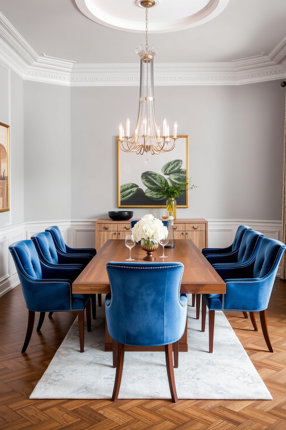 A chic dining room features a large wooden table surrounded by plush blue velvet chairs that exude elegance and comfort. The walls are painted in a soft gray hue, and a statement chandelier hangs above, casting a warm glow over the space.