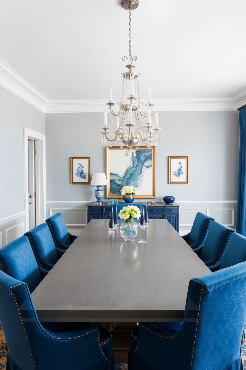 A classic blue and gray dining room featuring a large rectangular table with a polished gray surface. Surrounding the table are elegant upholstered chairs in a rich blue fabric, complemented by a stunning chandelier hanging above. The walls are painted in a soft gray tone, creating a serene backdrop for the space. Accents of blue are introduced through decorative elements such as table settings and artwork, enhancing the overall color scheme.