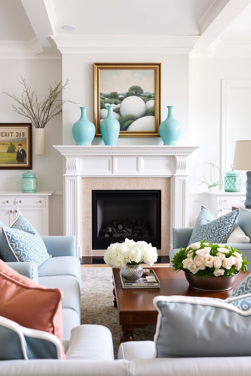 A bright and inviting family room featuring a white mantel adorned with elegant turquoise vases. The space is filled with comfortable seating in soft blue tones, complemented by decorative pillows that enhance the overall color scheme.