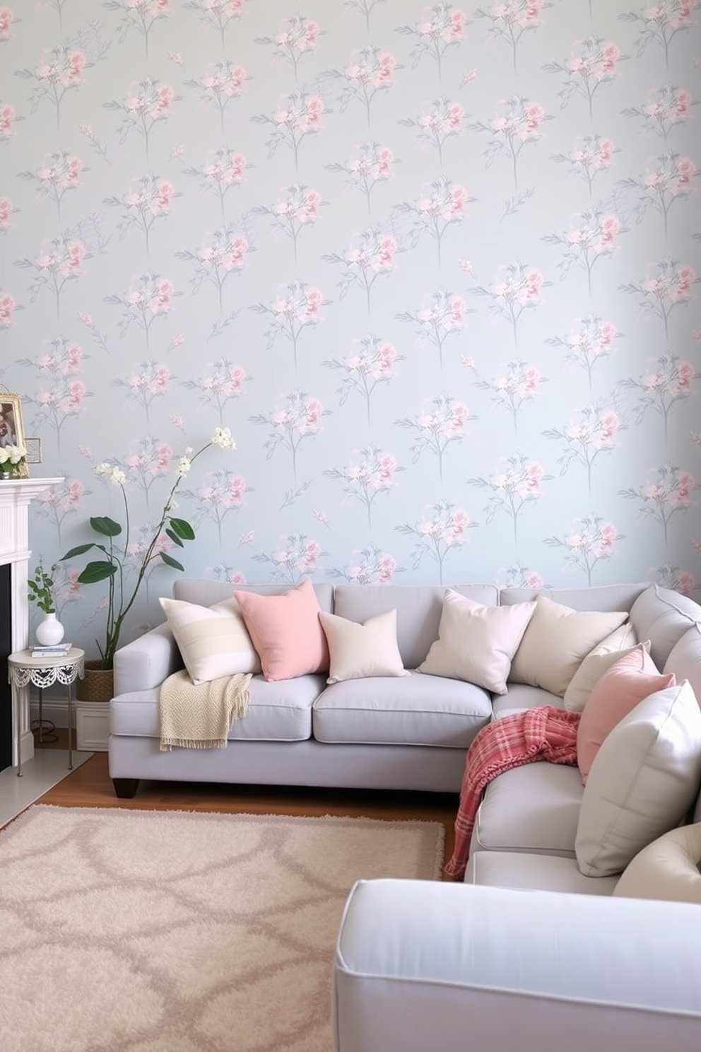 A serene family room featuring soft blue wallpaper adorned with delicate floral patterns. The space is filled with a plush sectional sofa in a complementary shade, accented by pastel throw pillows and a cozy area rug.