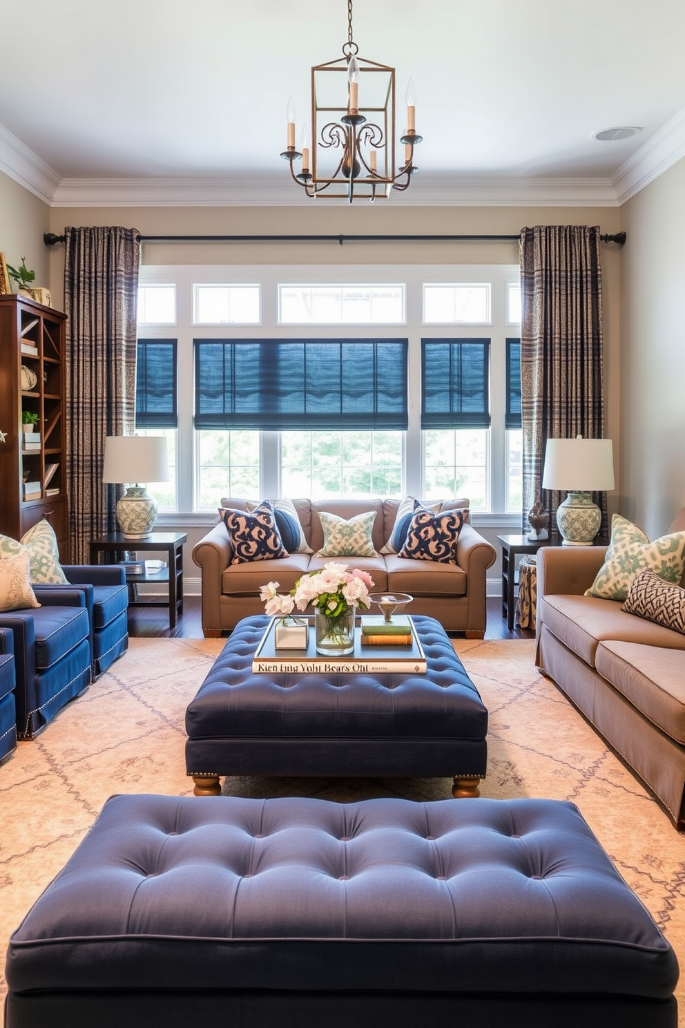 A cozy family room featuring pastel blue lighting fixtures that create a warm and inviting ambiance. The room is adorned with a plush sectional sofa in soft neutrals, complemented by pastel blue accent pillows and a stylish coffee table at the center.