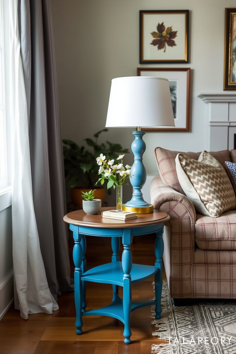 A vintage blue side table stands elegantly beside a plush sofa in a cozy family room. The room is adorned with soft lighting, warm textures, and a harmonious blend of blue and neutral tones, creating a welcoming atmosphere.