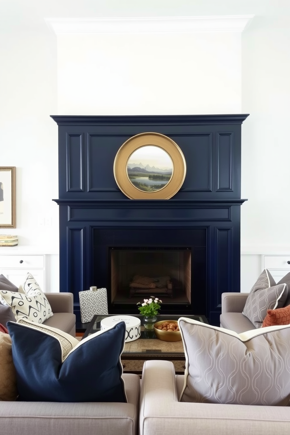 A bold navy blue fireplace surround serves as the focal point of the family room. The surrounding walls are painted in a soft white to create a striking contrast and enhance the room's brightness. Plush seating in shades of gray and cream is arranged around the fireplace, inviting comfort and relaxation. Decorative throw pillows in various patterns add visual interest and warmth to the space.