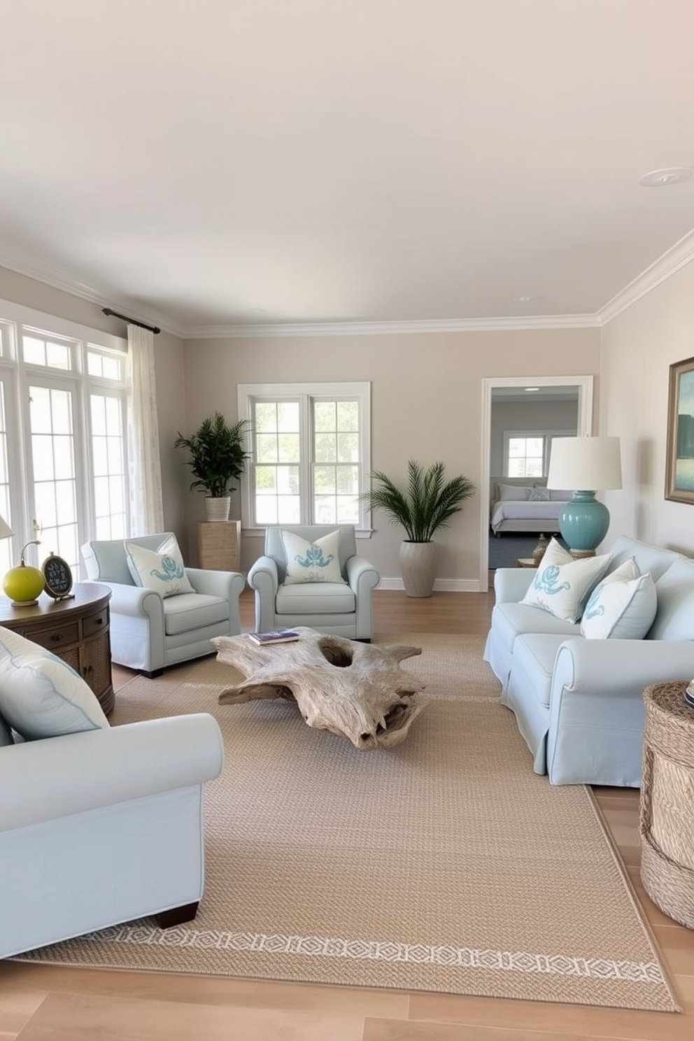 A serene family room inspired by the ocean. The walls are painted in soft sandy tones, complemented by a plush light blue sofa adorned with decorative pillows featuring ocean motifs. Natural light floods the space through large windows, enhancing the airy atmosphere. A driftwood coffee table sits on a textured area rug, while coastal artwork adorns the walls, bringing the seaside indoors.