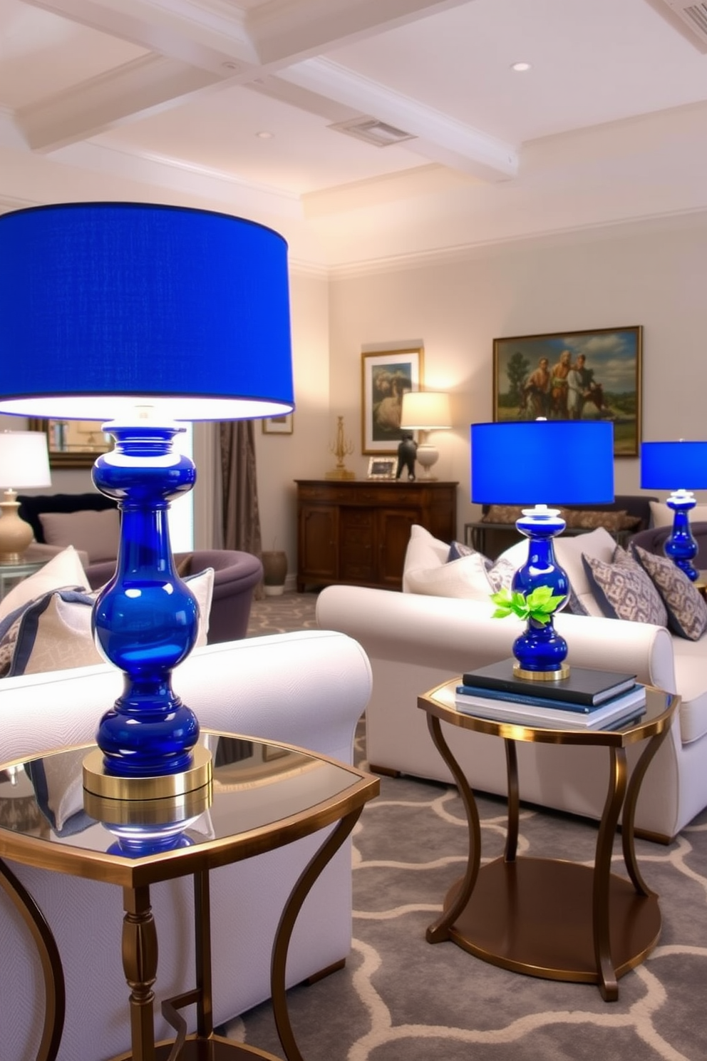 A sapphire blue sofa is the centerpiece of the family room, adorned with an array of colorful pillows that add vibrancy to the space. The walls are painted in a soft white, creating a bright and inviting atmosphere, while a plush area rug anchors the seating arrangement.