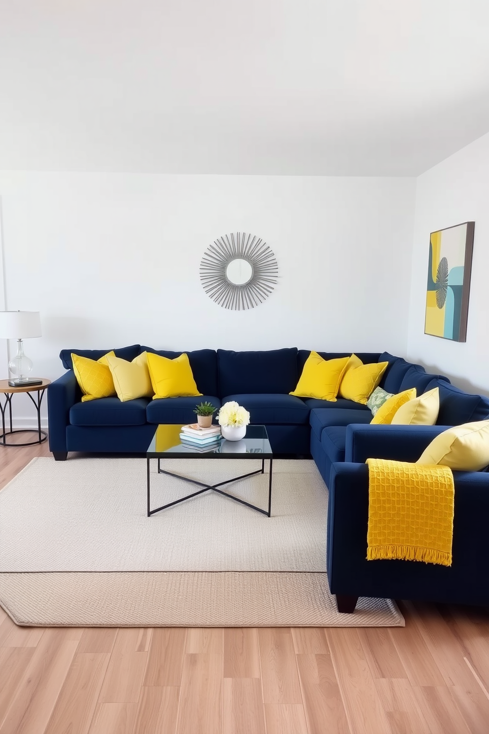 A cozy family room featuring a navy sectional sofa adorned with plush gold accent pillows. The walls are painted in a soft white, and a stylish gold coffee table sits in the center, complemented by a large area rug in shades of blue.