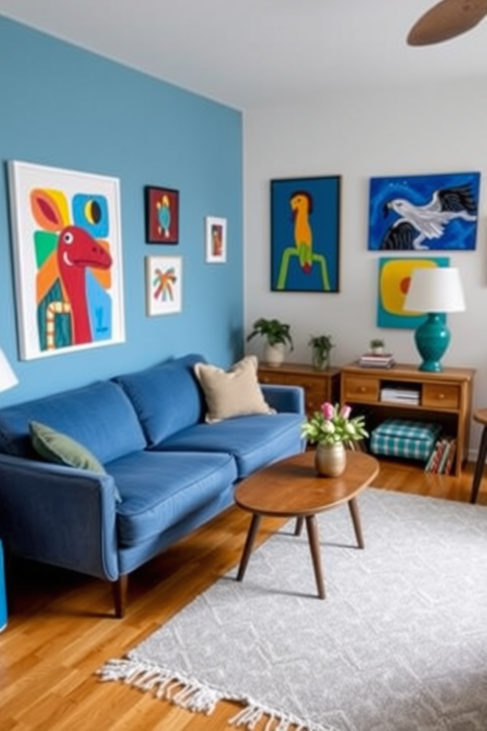 A family room featuring cobalt blue side tables that provide a striking contrast against neutral-toned furniture. The space is filled with plush seating, a large area rug, and vibrant artwork that enhances the room's lively atmosphere. Large windows allow natural light to flood the room, creating an inviting and warm ambiance. Decorative pillows in complementary colors add an extra layer of comfort and style to the seating arrangements.