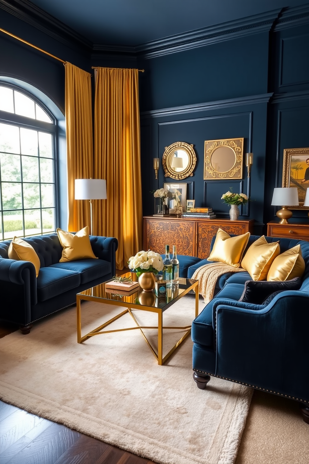 A cozy family room featuring navy blue walls adorned with gold decor accents. The space is furnished with a plush navy sofa, accented by gold throw pillows and a stylish gold coffee table at the center. On one side, a large window is draped with elegant gold curtains that complement the overall color scheme. A soft beige area rug anchors the seating area, adding warmth to the room while enhancing the luxurious feel.