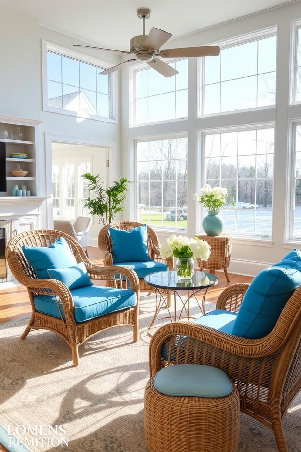 Bright blue cushions are placed on stylish wicker chairs that enhance the inviting atmosphere of the family room. The room features a cozy layout with a large area rug and a mix of natural light streaming through oversized windows.