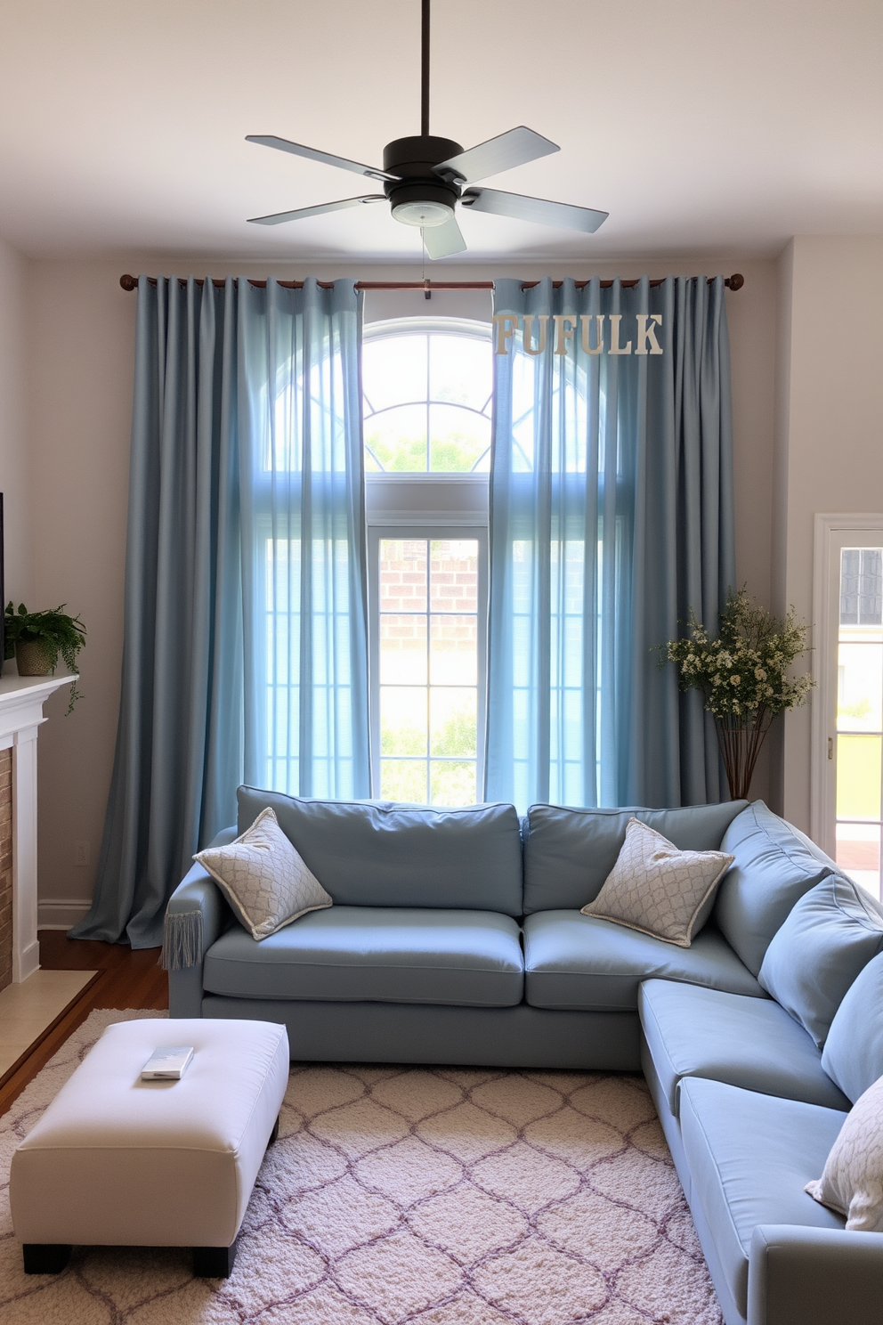 A cozy family room featuring a slate blue fireplace as the focal point. The fireplace is adorned with rustic decor elements, including a reclaimed wood mantel and vintage lanterns on either side. The seating area includes a plush sectional sofa in neutral tones, complemented by colorful throw pillows. A large area rug with a subtle pattern anchors the space, while warm lighting creates an inviting atmosphere.