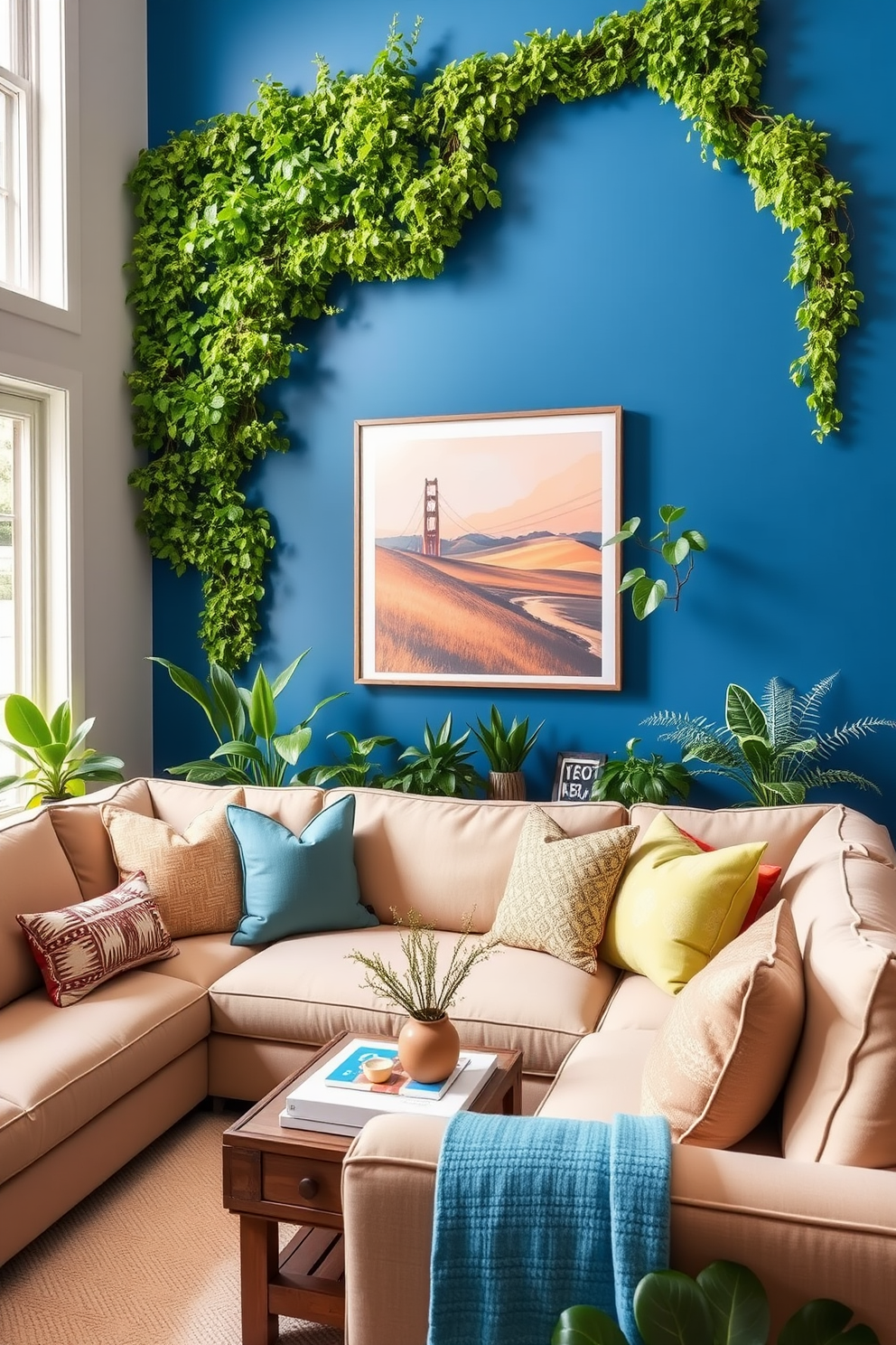 Cerulean blue accent wall adorned with lush green plants creating a vibrant focal point. The family room features a cozy sectional sofa in neutral tones paired with colorful throw pillows to enhance the inviting atmosphere.