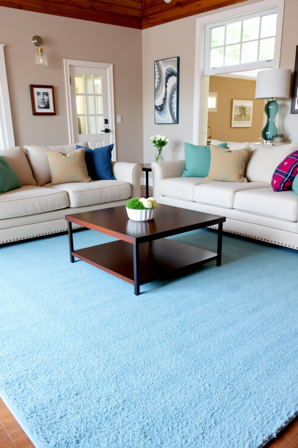 A cozy family room adorned with soft blue wallpaper featuring subtle prints that evoke a sense of tranquility. The space is furnished with a plush sectional sofa in a complementary shade, accented by decorative pillows in various textures. Natural light floods the room through large windows dressed in sheer white curtains, enhancing the serene atmosphere. A wooden coffee table sits at the center, surrounded by a soft area rug that adds warmth and comfort to the design.