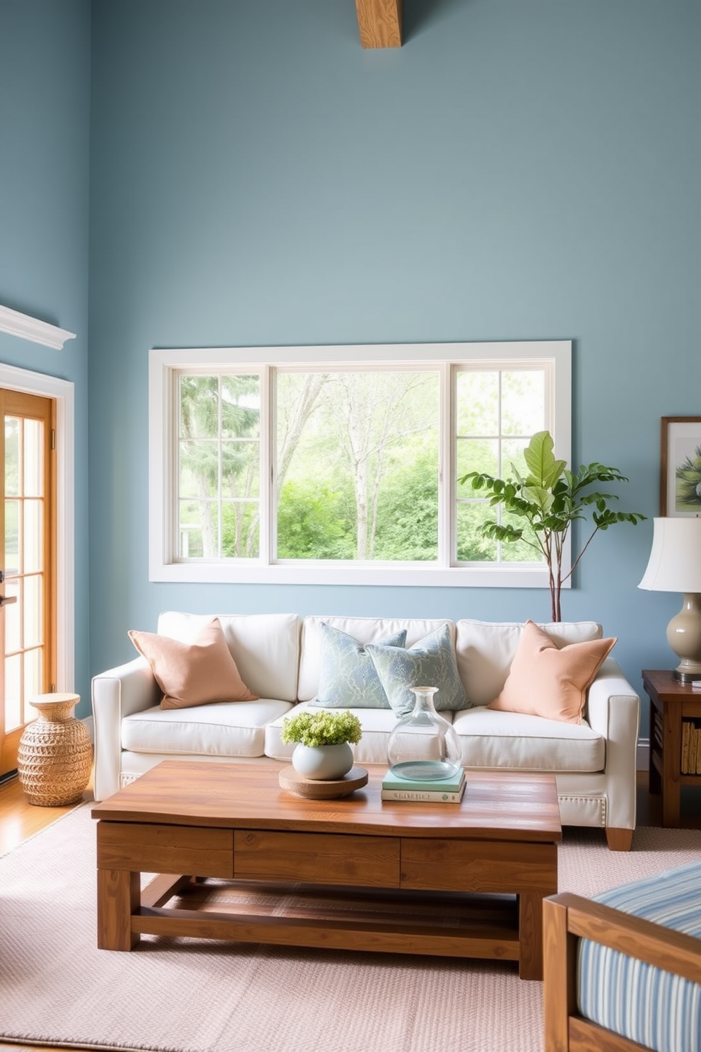 A serene family room featuring sky blue walls that create a calming atmosphere. The space is furnished with natural wood furniture, including a comfortable sofa and a rustic coffee table, enhancing the inviting feel of the room. Large windows allow ample natural light to flood the area, accentuating the soft hues of the decor. Cozy throw pillows in complementary colors are arranged on the sofa, adding a touch of warmth and style.