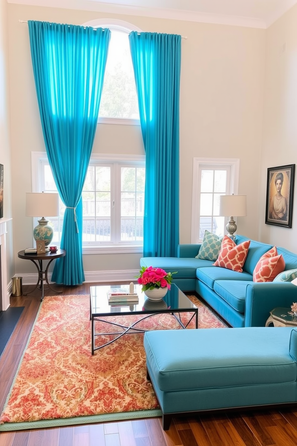 A cozy family room featuring cerulean curtains that elegantly frame large windows. The walls are painted in a soft neutral tone, creating a calming backdrop for the space. The room is furnished with a plush sectional sofa in a complementary color, adorned with colorful throw pillows. A stylish coffee table sits in the center, surrounded by a warm area rug that adds texture and comfort.