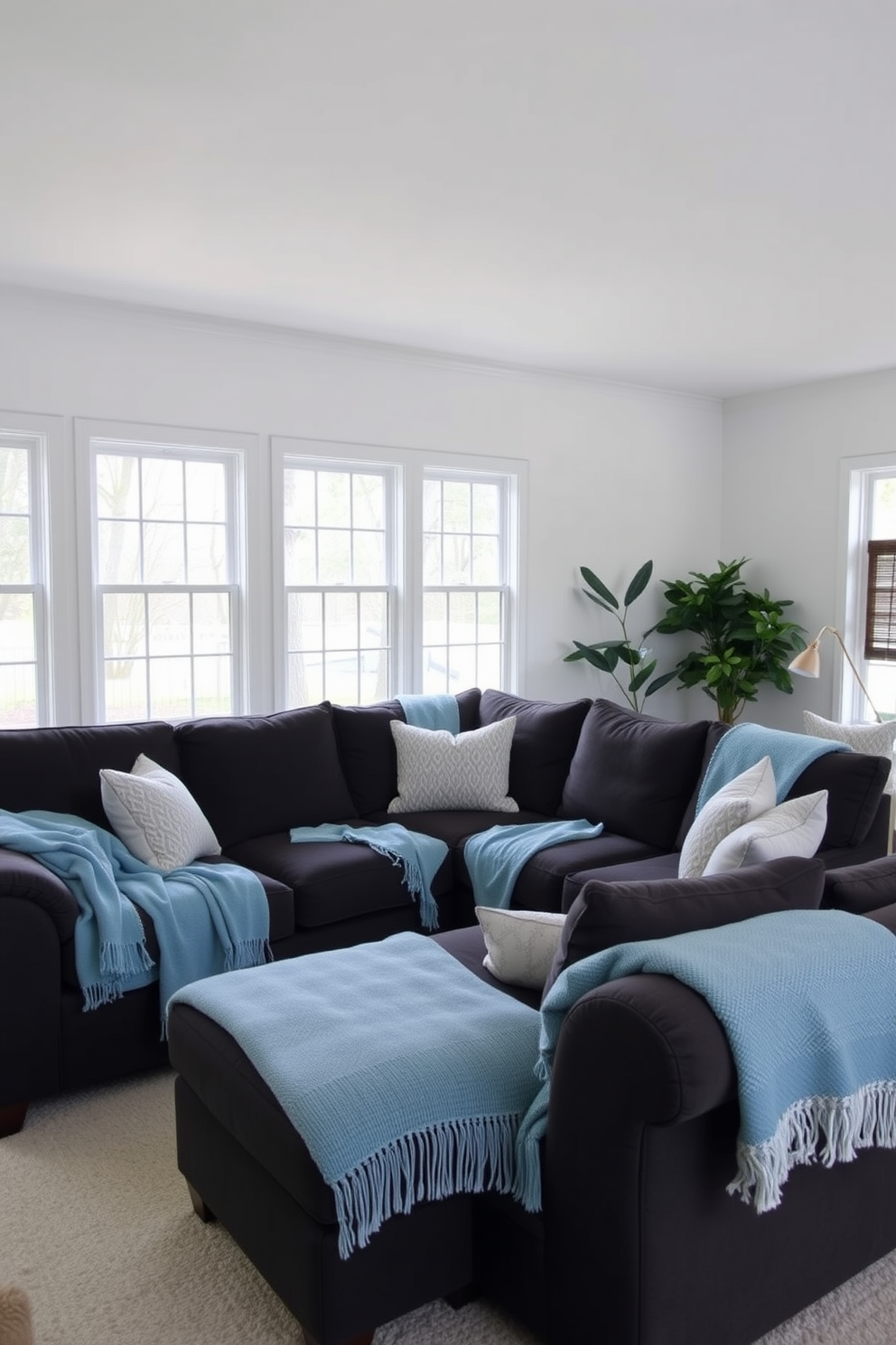 A cozy family room featuring a denim blue rug that anchors the space with its rich color. Surrounding the rug, neutral-toned furniture creates a harmonious balance, inviting relaxation and comfort. The walls are adorned with soft beige paint, enhancing the room's warmth. Large windows allow natural light to flood in, highlighting the inviting atmosphere of the family room.