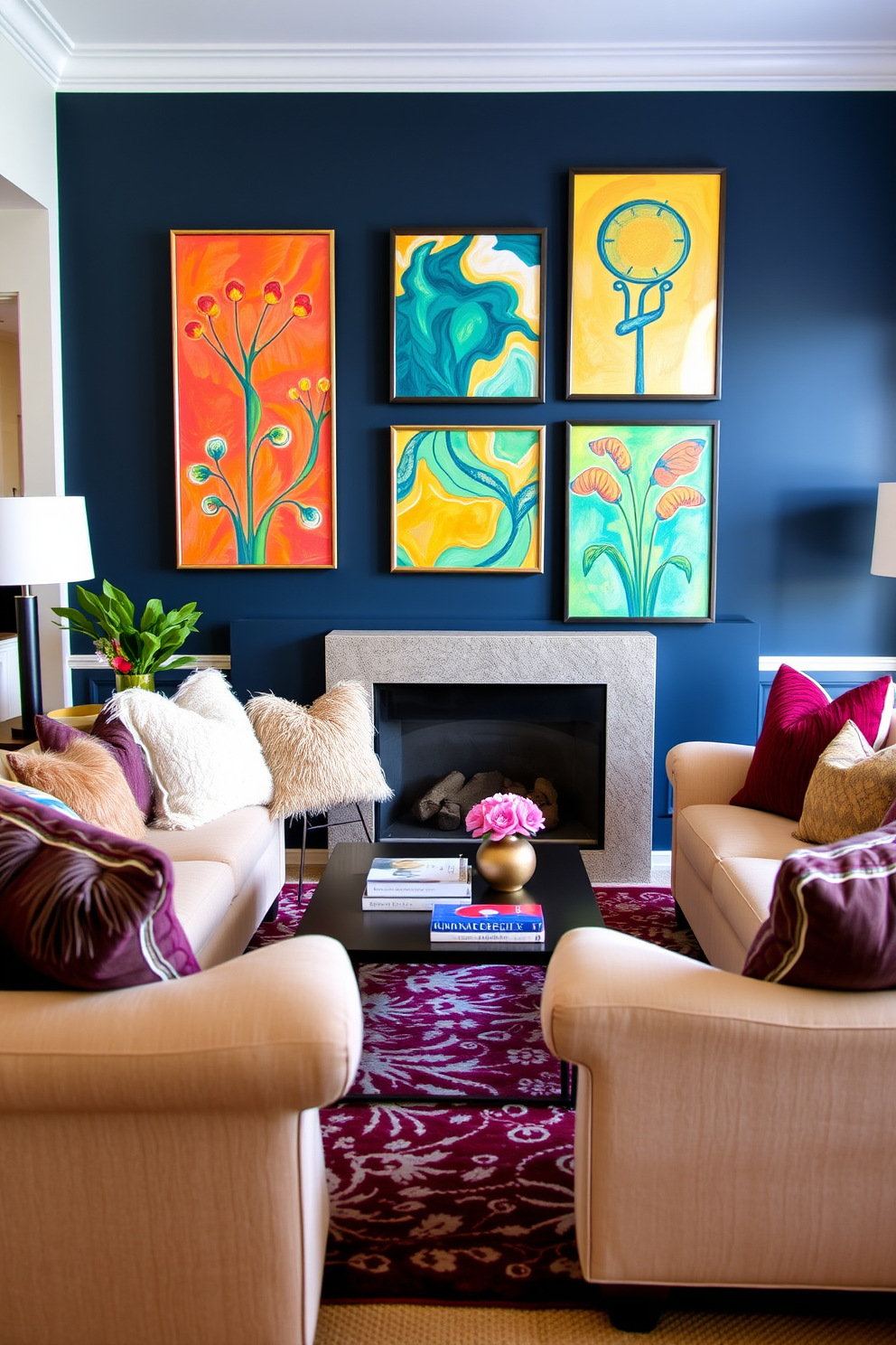 A family room featuring a cerulean accent wall adorned with vibrant artwork. The space includes a plush sectional sofa in neutral tones, complemented by colorful throw pillows that echo the wall's hue.