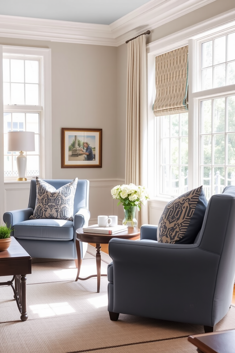 A cozy family room features muted blue armchairs adorned with patterned cushions that add a touch of elegance. The space is illuminated by soft natural light streaming through large windows, creating a warm and inviting atmosphere.