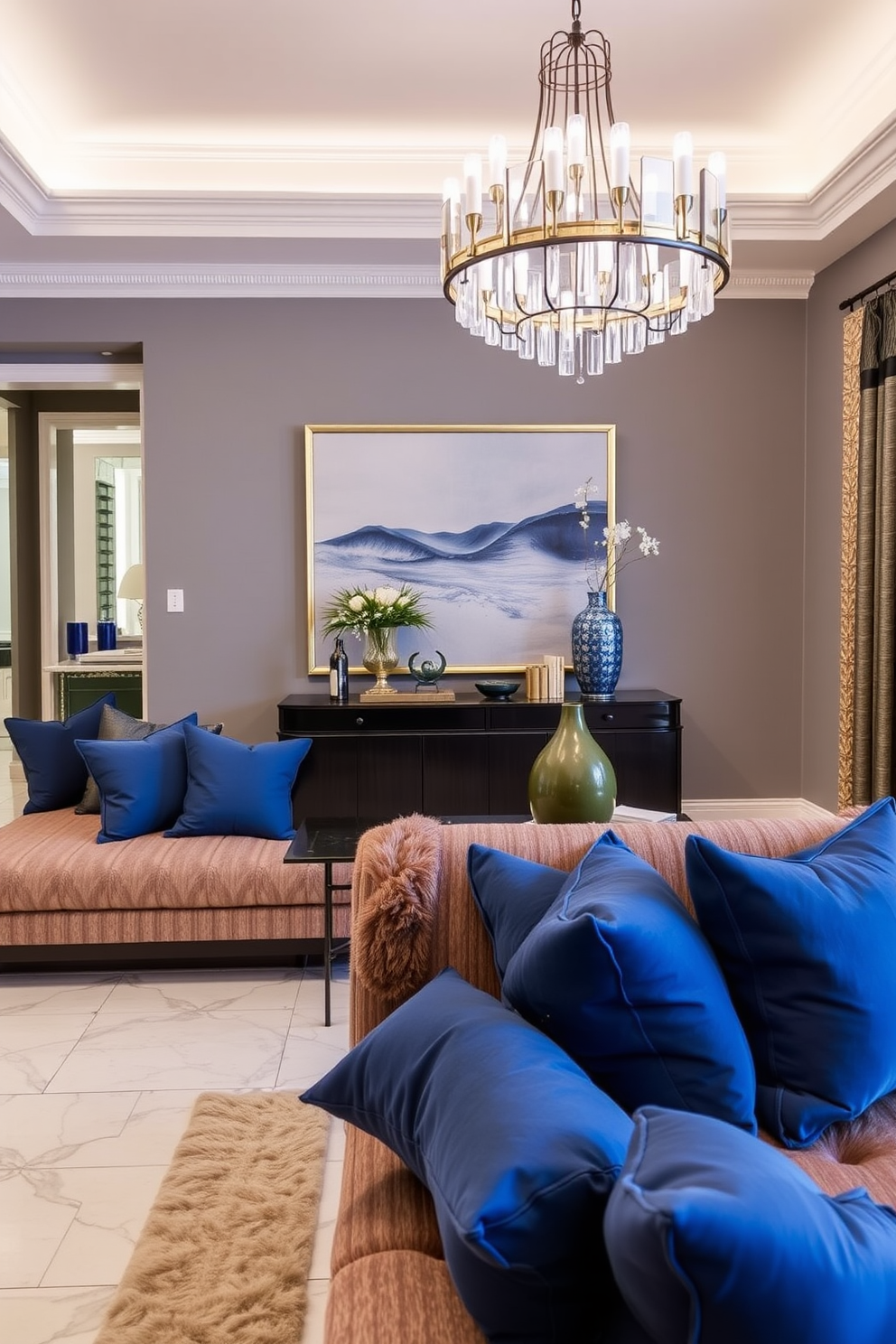 A cozy seating area featuring denim blue cushions arranged on a stylish sofa. The cushions add a pop of color against neutral-toned upholstery, creating an inviting atmosphere. A spacious foyer designed with a denim blue accent wall. The area is adorned with a sleek console table and decorative elements that complement the blue tones.