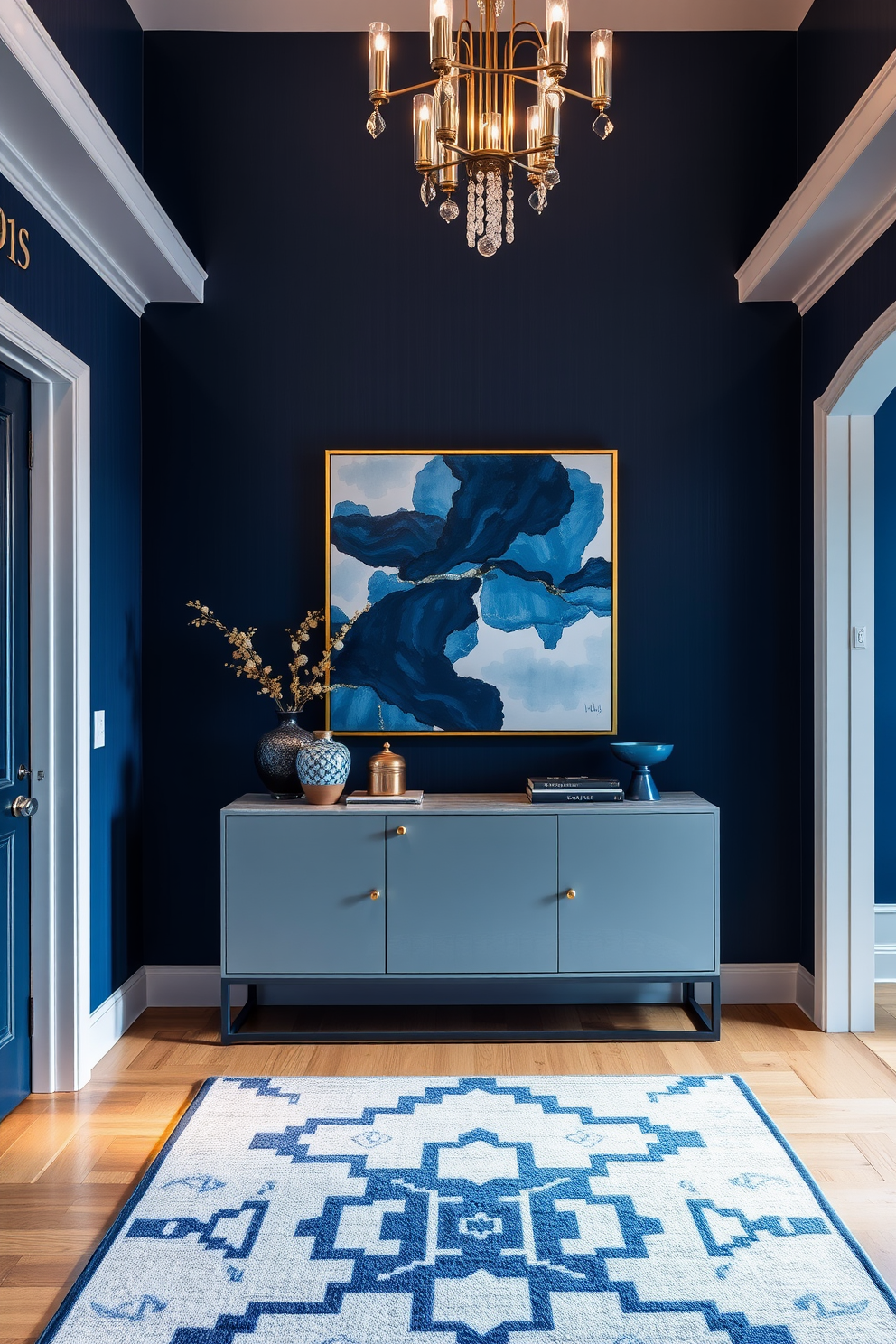 A stunning foyer with accent lighting that beautifully highlights blue features. The walls are adorned with a rich navy blue wallpaper, and a sleek console table sits against the wall, topped with decorative items that complement the color scheme. Soft, warm lights are strategically placed to illuminate a large piece of artwork featuring shades of blue. A stylish area rug with a geometric pattern anchors the space, while a statement chandelier adds an elegant touch above.