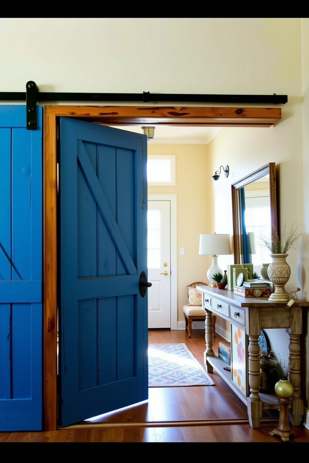 A rustic blue barn door serves as a charming entryway focal point. The door is complemented by a warm wooden frame and surrounded by vintage decor that enhances the welcoming atmosphere. Inside the foyer, the walls are painted in a soft cream color, creating a bright and airy feel. A rustic console table with a distressed finish sits against one wall, adorned with decorative items and a large mirror that reflects natural light.