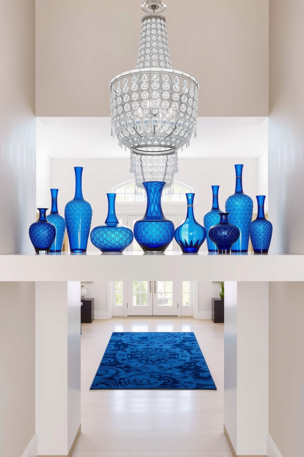 A collection of blue glass vases in varying shapes and sizes is arranged on a sleek white shelf. The vases feature intricate patterns and textures that catch the light beautifully, creating a stunning focal point in the room. A grand foyer welcomes guests with its elegant design. The space is enhanced by a statement chandelier hanging from a high ceiling, complemented by a luxurious blue area rug that adds warmth and sophistication.