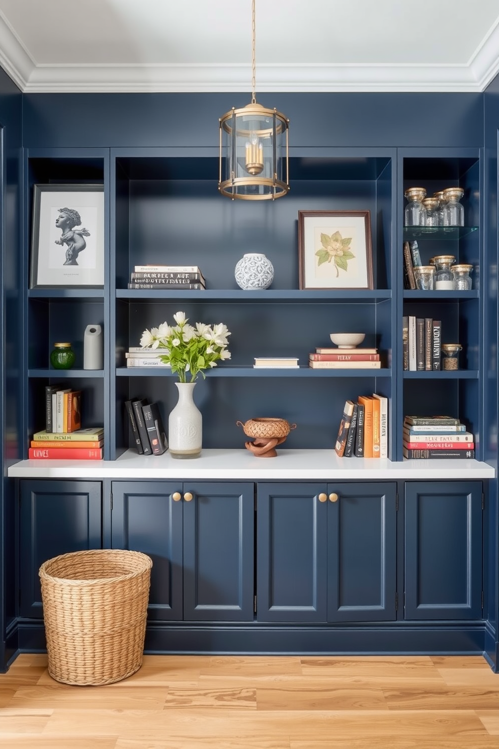 A stunning foyer design featuring electric blue light fixtures that create a dramatic ambiance. The walls are adorned with elegant wallpaper, and a sleek console table sits against one side, topped with decorative accents.