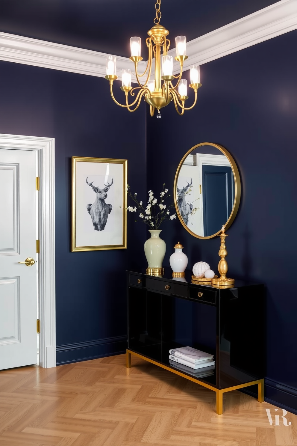 A classic blue foyer with elegant brass hardware accents creates a welcoming atmosphere. The walls are painted in a rich navy blue, complemented by a stunning brass chandelier that hangs from the ceiling. A stylish console table with a glossy finish sits against the wall, adorned with decorative items in gold and white. The floor features a herringbone pattern in light wood, enhancing the overall sophistication of the space.