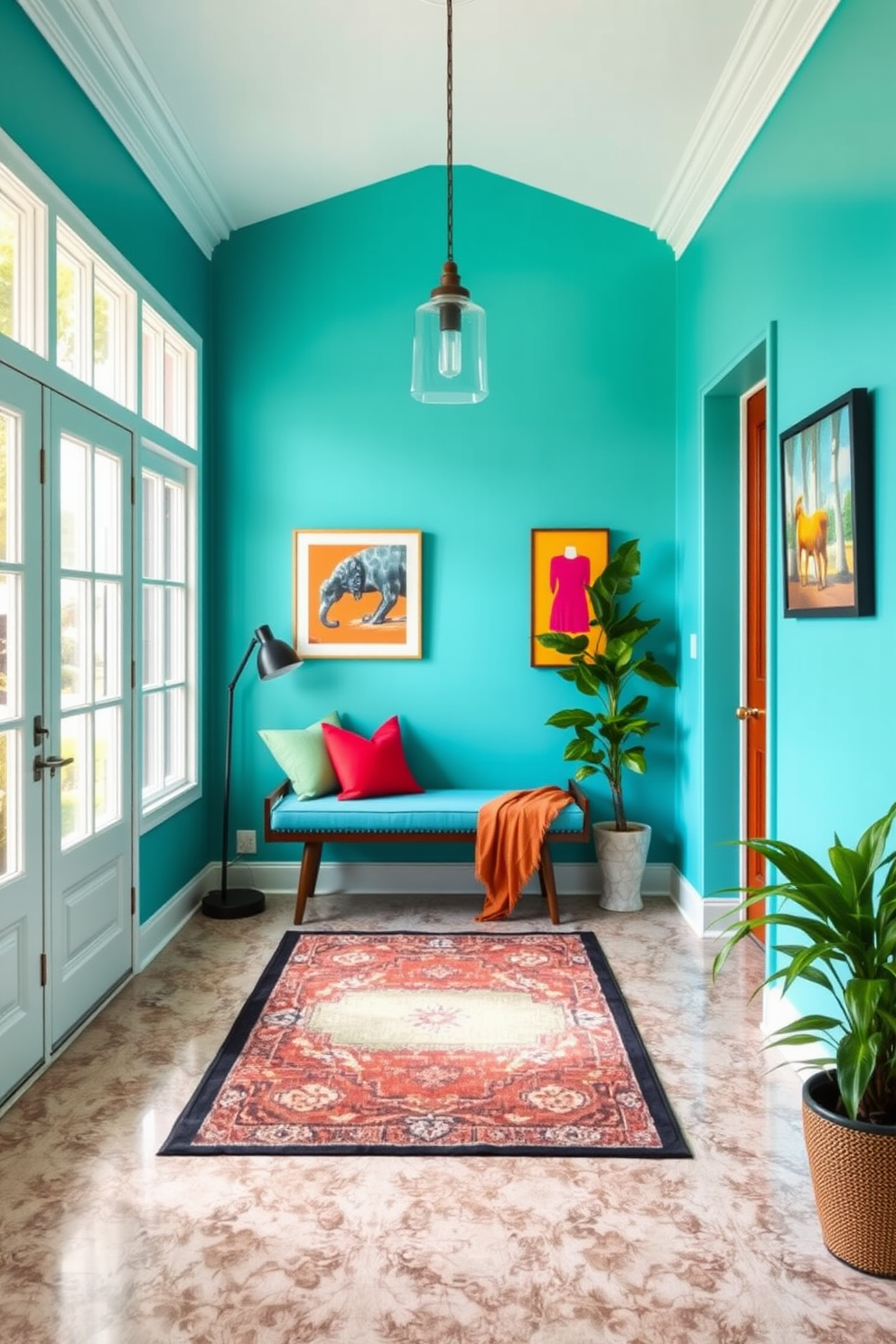 A vibrant turquoise entryway features a stylish bench seating that invites guests to relax. The walls are adorned with bright artwork, and a chic rug complements the lively color scheme. Natural light floods the space through large windows, enhancing the cheerful atmosphere. Potted plants in the corners add a touch of greenery, creating a welcoming ambiance.