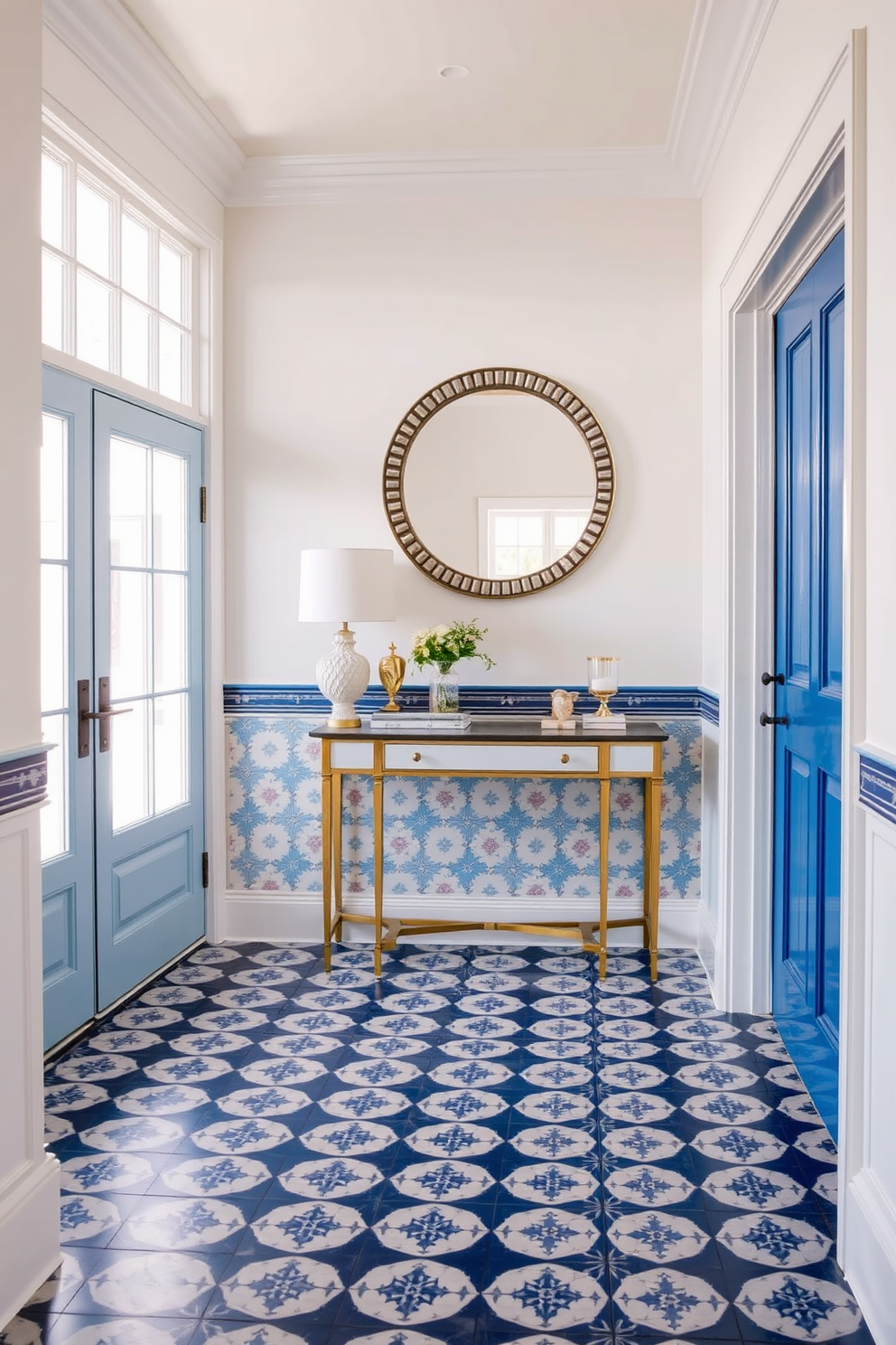 A stunning foyer featuring classic blue and white patterned tiles that create a timeless elegance. The walls are painted in a soft white, enhancing the brightness of the space and providing a perfect backdrop for decorative elements. A stylish console table sits against one wall, adorned with a chic lamp and a few carefully selected decorative items. A large round mirror with a decorative frame hangs above the table, reflecting the natural light that floods the foyer.