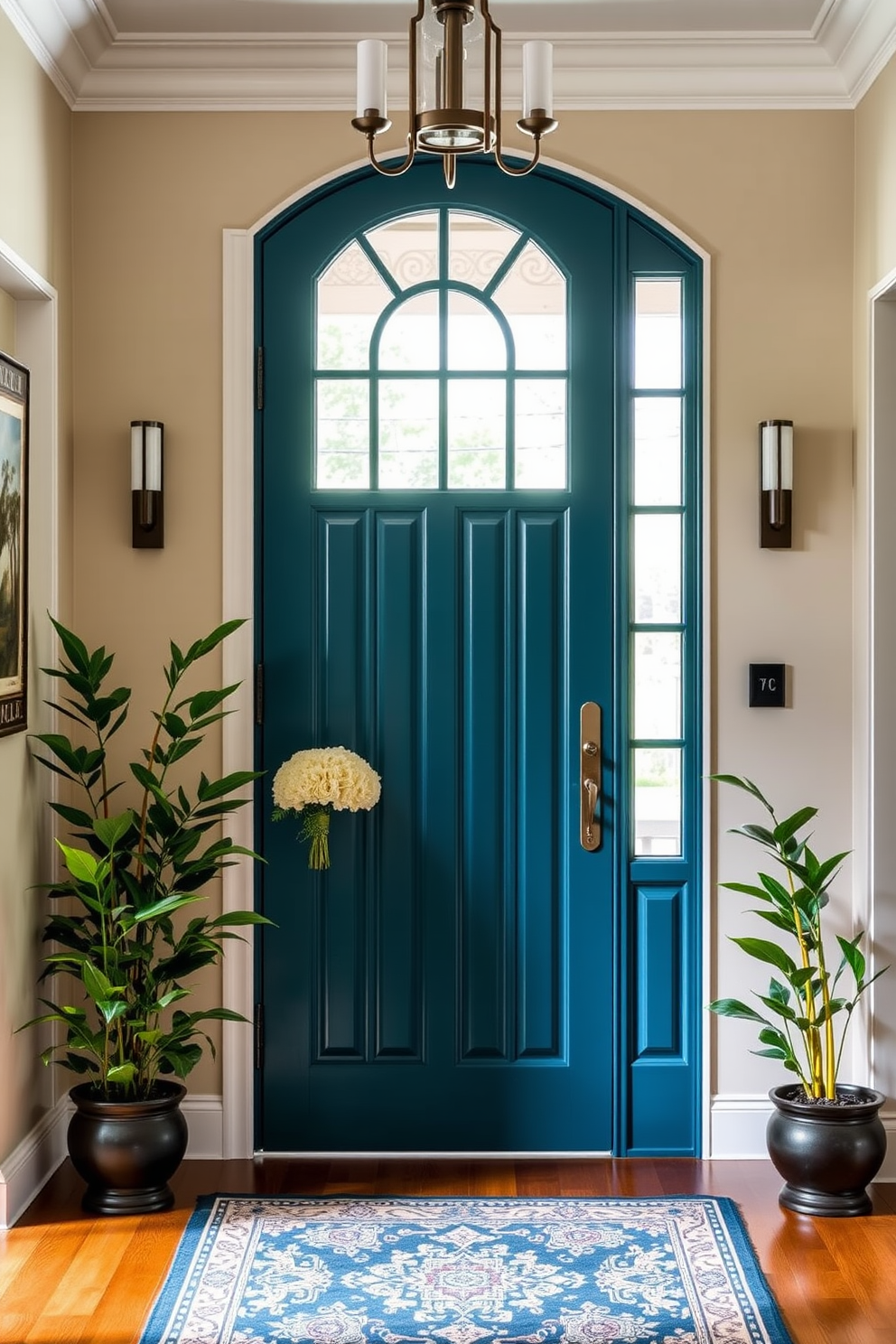 A rich teal blue door serves as a striking focal point in the foyer, creating a bold contrast against the surrounding neutral walls. The space features elegant lighting fixtures that enhance the welcoming atmosphere, while a stylish console table adds functionality and charm. The floor is adorned with a patterned area rug that complements the door's vibrant hue, tying the design together. Potted greenery flanks the entrance, bringing a touch of nature indoors and further enriching the overall aesthetic.