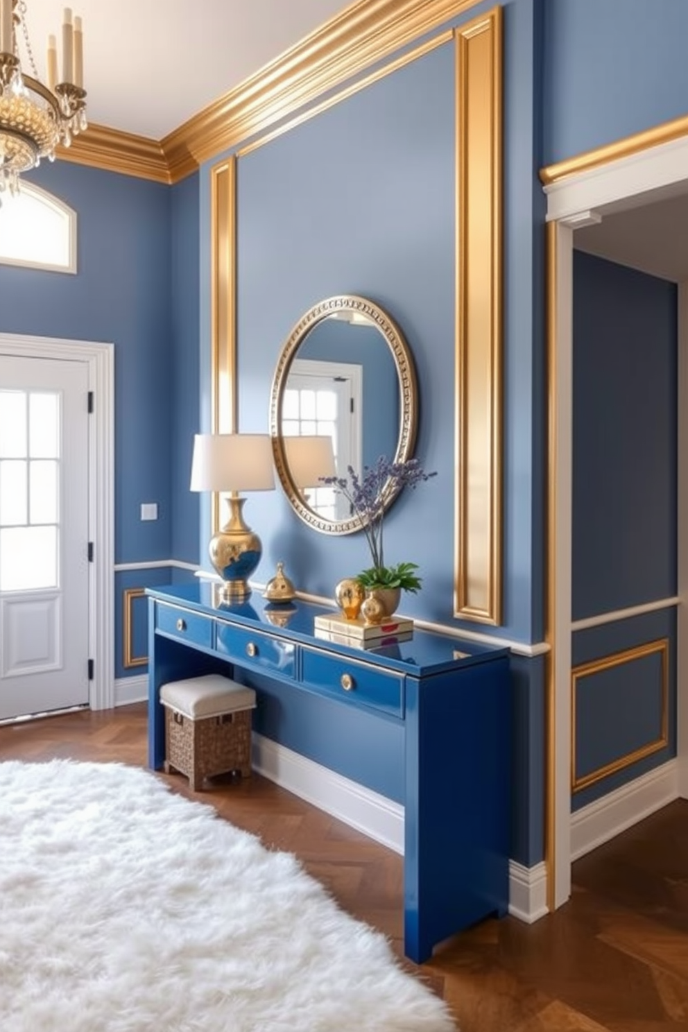 A stunning foyer featuring cobalt blue artwork prominently displayed above the entryway creates a vibrant focal point. The walls are painted in a soft white, complementing the deep blue tones and enhancing the overall brightness of the space. The flooring is a polished light oak, adding warmth to the design while contrasting beautifully with the blue accents. Elegant lighting fixtures hang from the ceiling, providing a warm glow that highlights the artwork and invites guests into the home.