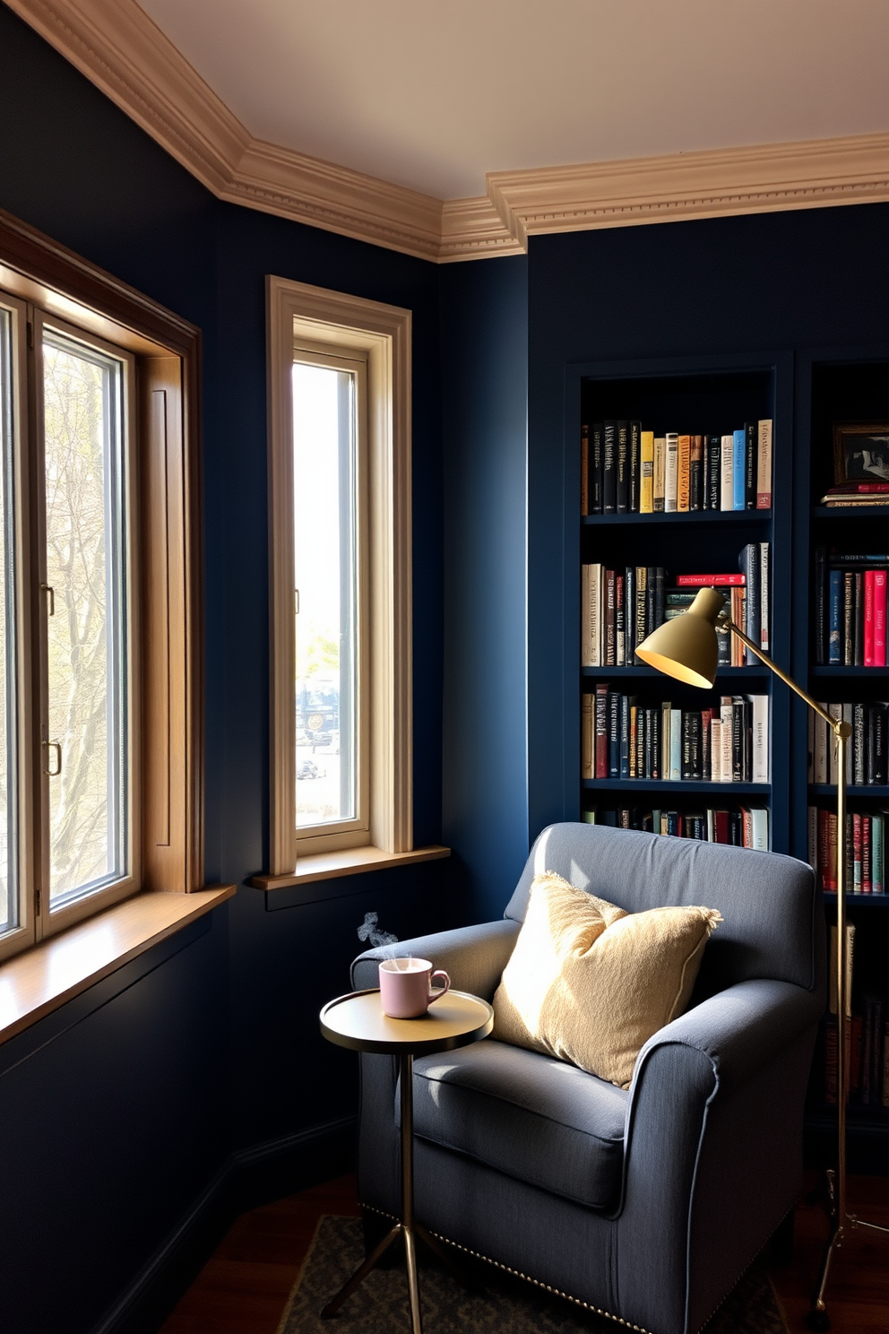 Cozy reading nook with navy walls. A plush armchair is positioned near a large window, bathed in natural light, with a small side table holding a steaming cup of tea. Bookshelves filled with colorful books line the walls, creating an inviting atmosphere. Soft, warm lighting from a nearby floor lamp enhances the cozy vibe, making it the perfect spot for relaxation.