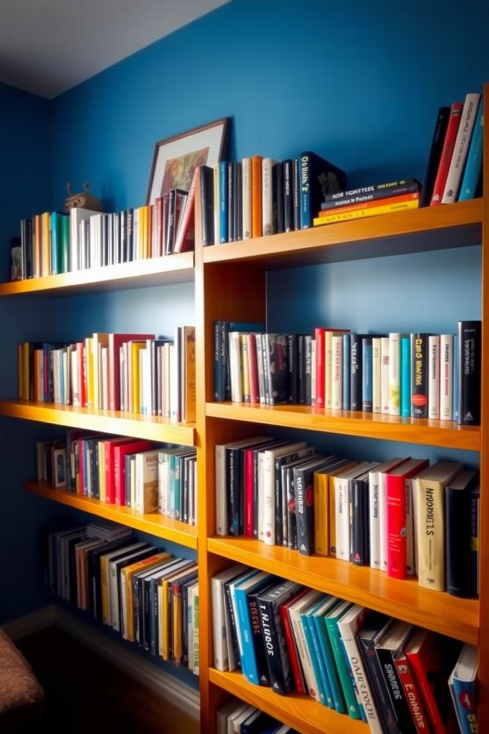 A cozy home library features open shelving filled with an array of colorful books that create a vibrant and inviting atmosphere. The walls are painted in a soft blue hue, complementing the warm wooden shelves and providing a serene backdrop for reading and relaxation.