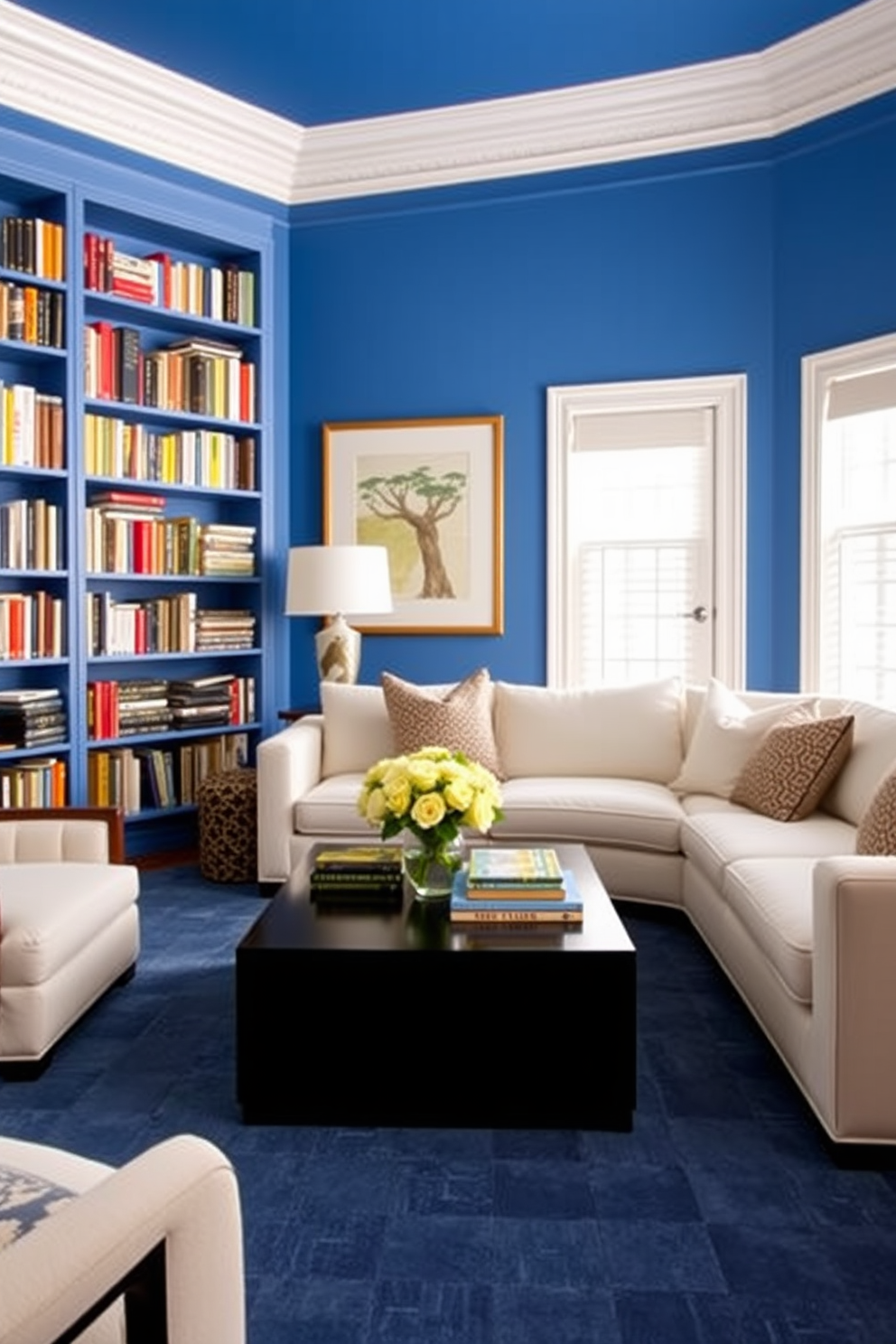 A cozy home library with blue floral wallpaper creating a fresh and inviting atmosphere. The room features a plush reading chair positioned next to a wooden bookshelf filled with an array of books. A large window allows natural light to flood in, illuminating the space and highlighting the intricate patterns of the wallpaper. A small side table holds a steaming cup of tea, inviting relaxation and quiet reading moments.