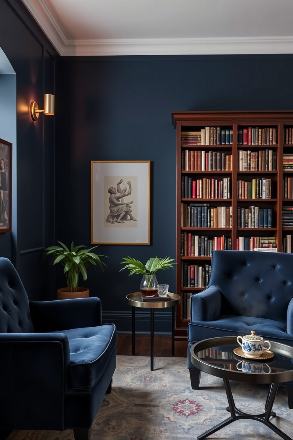 Moody blue tones create a serene atmosphere in a cozy home library. The walls are painted a deep navy, accented by plush velvet armchairs and a rich mahogany bookshelf filled with books. Soft lighting from stylish sconces casts a warm glow, enhancing the tranquil vibe. A large area rug in subtle patterns adds texture, while a small side table holds a steaming cup of tea and a decorative plant.