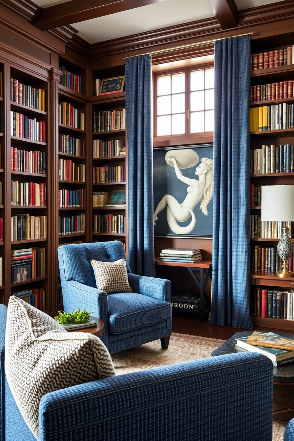 A classic blue leather chair is positioned elegantly in a cozy nook, exuding sophistication and comfort. Surrounding the chair, tall bookshelves filled with a curated selection of books create an inviting atmosphere. The walls are adorned with deep navy paint, enhancing the library's rich ambiance. A plush area rug underfoot complements the chair, while a soft reading lamp casts a warm glow over the space.