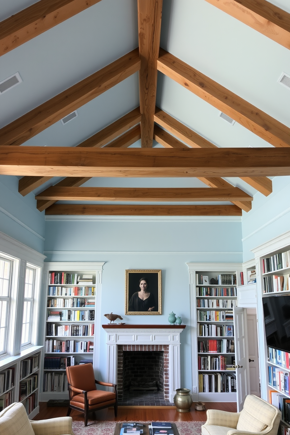 A serene home library with a light blue ceiling adorned with exposed wooden beams. The walls are lined with floor-to-ceiling bookshelves filled with a variety of books, creating a cozy and inviting atmosphere.