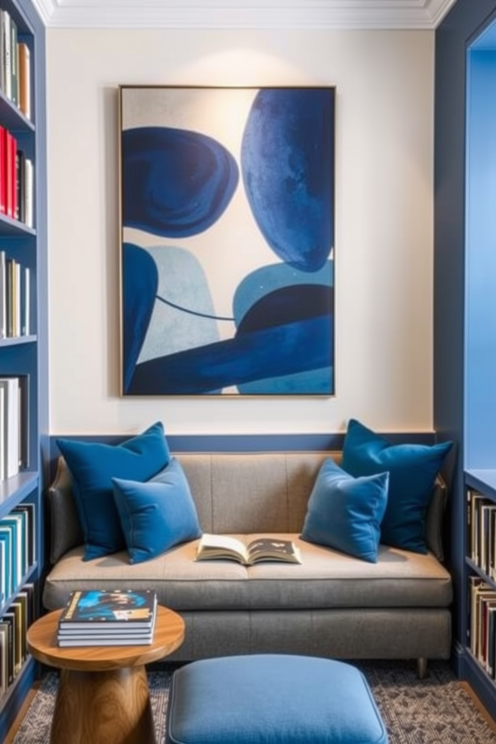 A cozy home library featuring navy blue walls adorned with brass accents. A large wooden bookshelf filled with books stands against one wall, complemented by a plush navy blue armchair and a sleek brass floor lamp beside it.