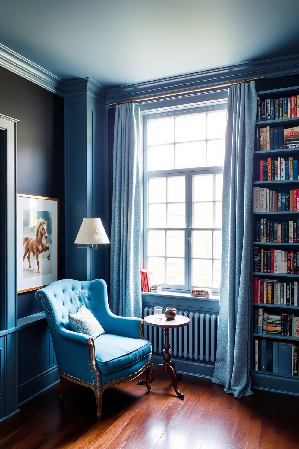 A cozy home library featuring layered blue shades that create depth and contrast. The walls are painted in a deep navy, while lighter blue accents adorn the shelves filled with books. A plush reading nook is situated by a large window, draped with soft blue curtains that filter natural light. A vintage armchair in a complementary shade of blue invites relaxation, accompanied by a small side table for beverages.