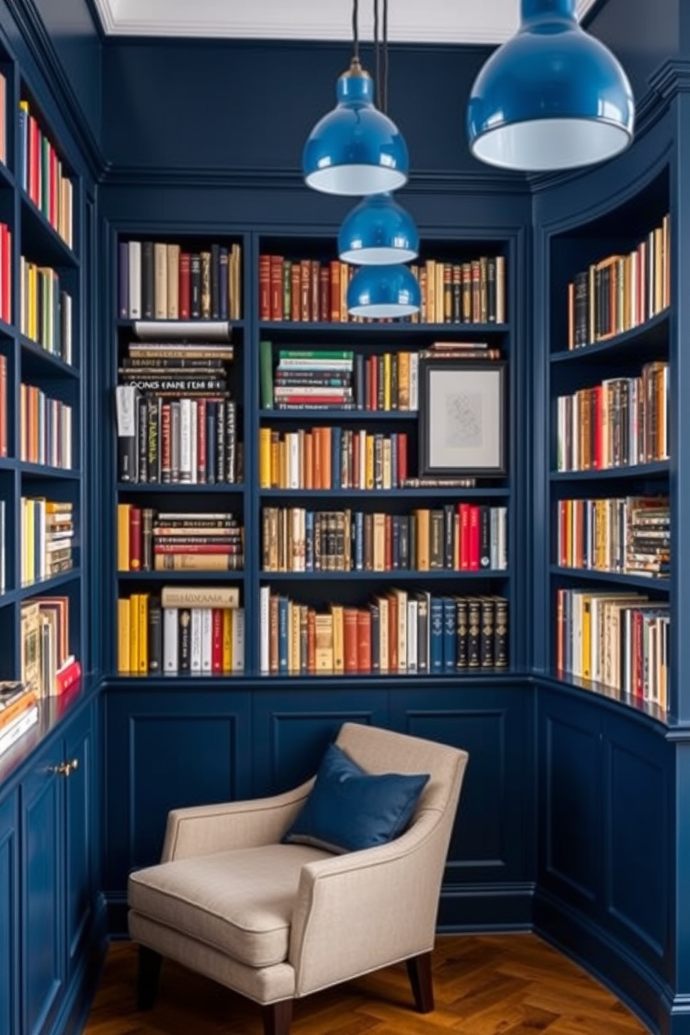 A cozy home library featuring deep wooden bookshelves filled with an array of books. Bold cobalt blue accent pieces such as cushions, a rug, and artwork create a striking contrast against the warm wood tones. The library is illuminated by soft, ambient lighting, enhancing the inviting atmosphere. A comfortable reading chair upholstered in rich fabric complements the blue accents and invites relaxation.