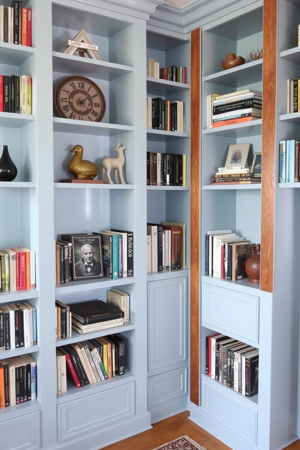 A cozy home library featuring light blue shelves accented with warm wood elements. The shelves are filled with an array of books and decorative items, creating an inviting atmosphere for reading and relaxation.