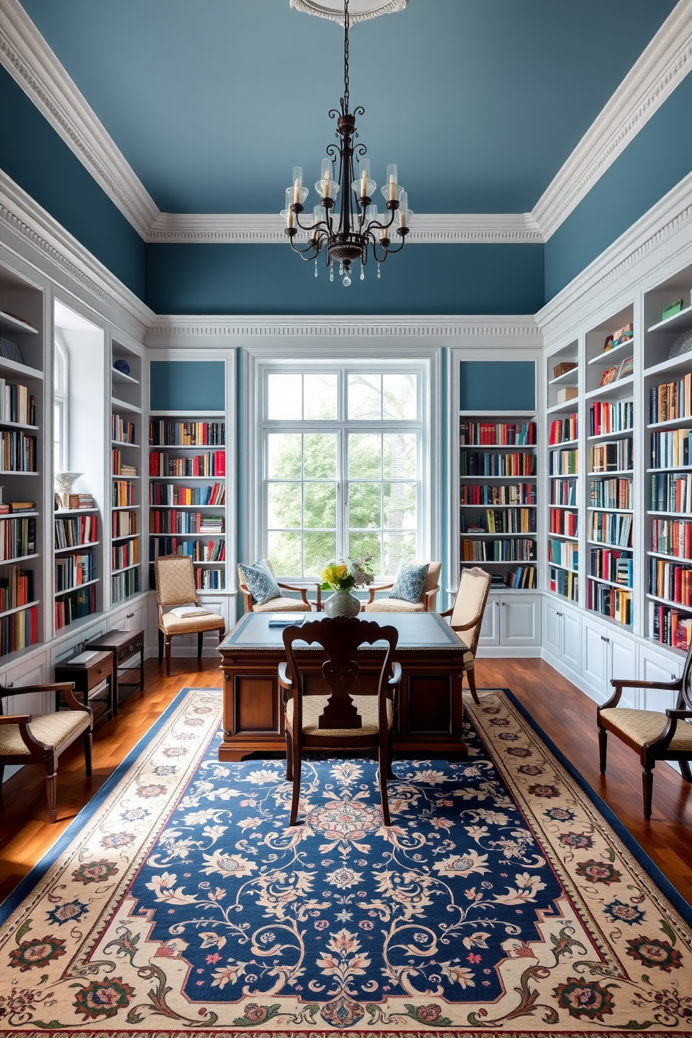 A classic blue and white home library features elegant built-in bookshelves lined with an extensive collection of books. The walls are painted in a soft blue shade, complemented by white trim and a cozy reading nook adorned with plush cushions. A large wooden desk sits in the center of the room, surrounded by antique-style chairs. A beautiful area rug with intricate patterns anchors the space, while large windows allow natural light to flood in, illuminating the room's classic charm.