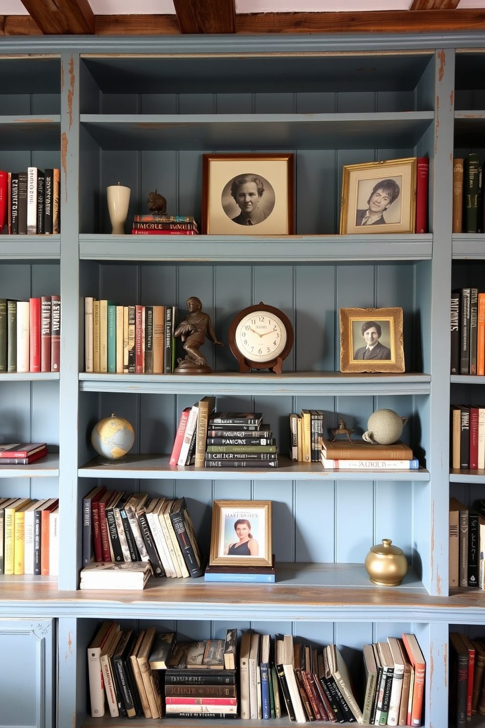 A cozy home library featuring rustic wooden shelves painted in a soft blue hue. The shelves are filled with an eclectic mix of books and decorative items, creating a warm and inviting atmosphere.