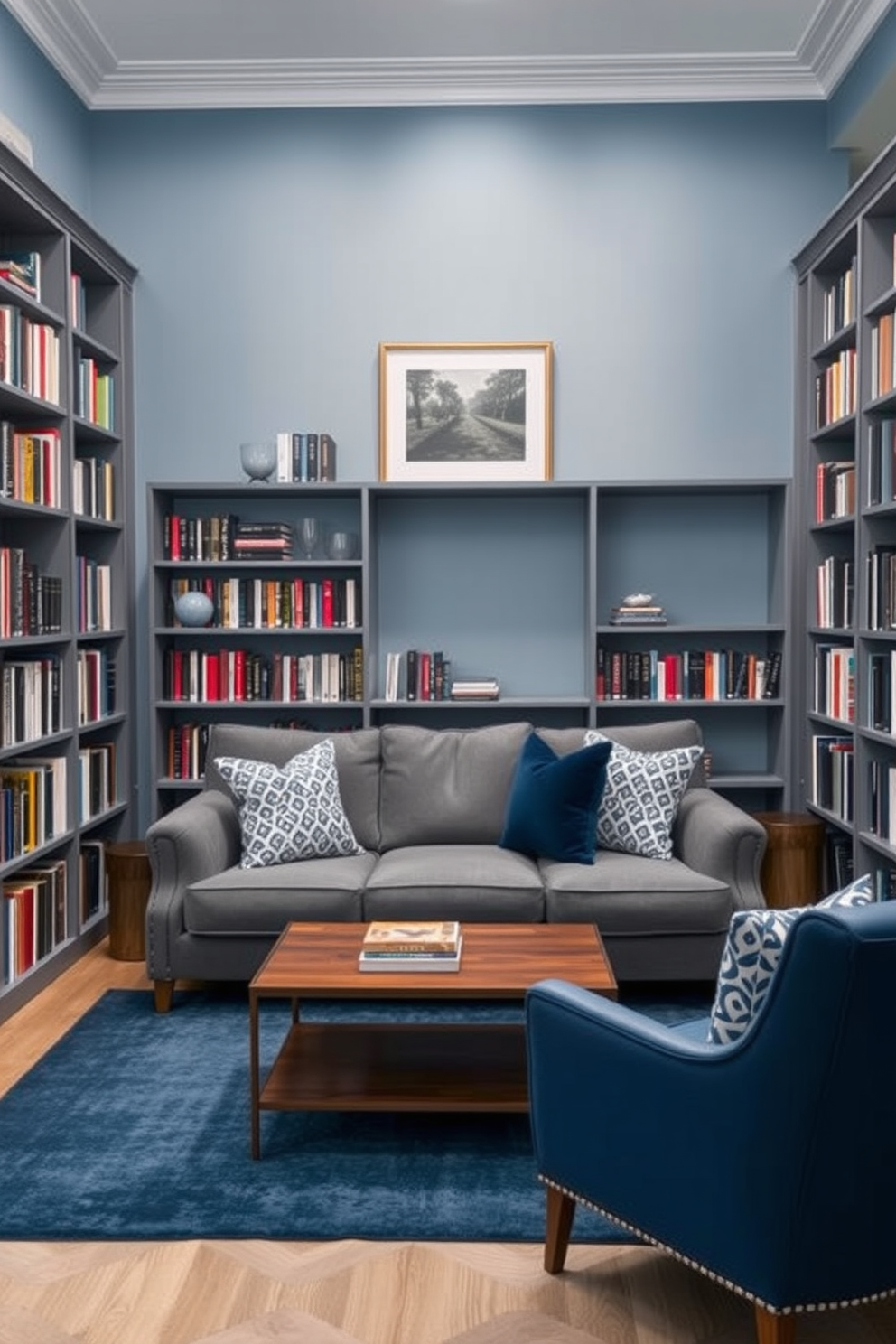 A serene home library setting featuring a blue and gray color palette that promotes tranquility. The walls are painted a soft blue, complemented by gray bookshelves filled with an array of books. A plush gray sofa is positioned in the center, adorned with blue and white throw pillows. A sleek wooden coffee table sits in front, while a cozy reading nook with a blue armchair and a small side table is nestled in the corner.