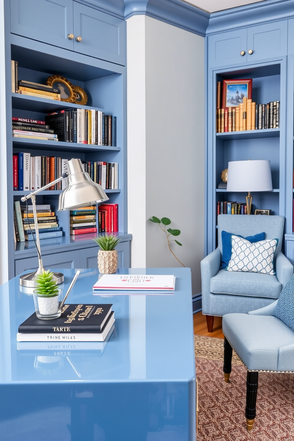 Chic blue desk with stylish accessories. The desk features a sleek design with a glossy finish and is adorned with a modern lamp, a stylish pen holder, and a decorative plant. Blue Home Library Design Ideas. The library showcases built-in shelves filled with books, a cozy reading nook with a plush armchair, and soft blue accents throughout the decor.