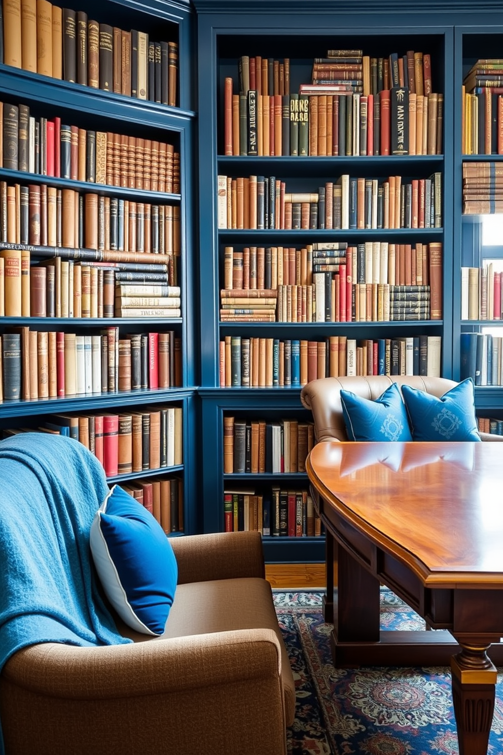 A modern home library featuring blue geometric patterns on the walls. The space includes sleek bookshelves filled with books and a cozy reading nook with a plush blue armchair. Large windows allow natural light to flood the room, enhancing the vibrant blue accents. A stylish coffee table sits in the center, adorned with decorative items and a small plant for a touch of greenery.